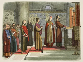 Los barones juran conseguir sus libertades, 1214, de Una crónica de Inglaterra BC 55 a AD 1485, pub. Londres, 1863